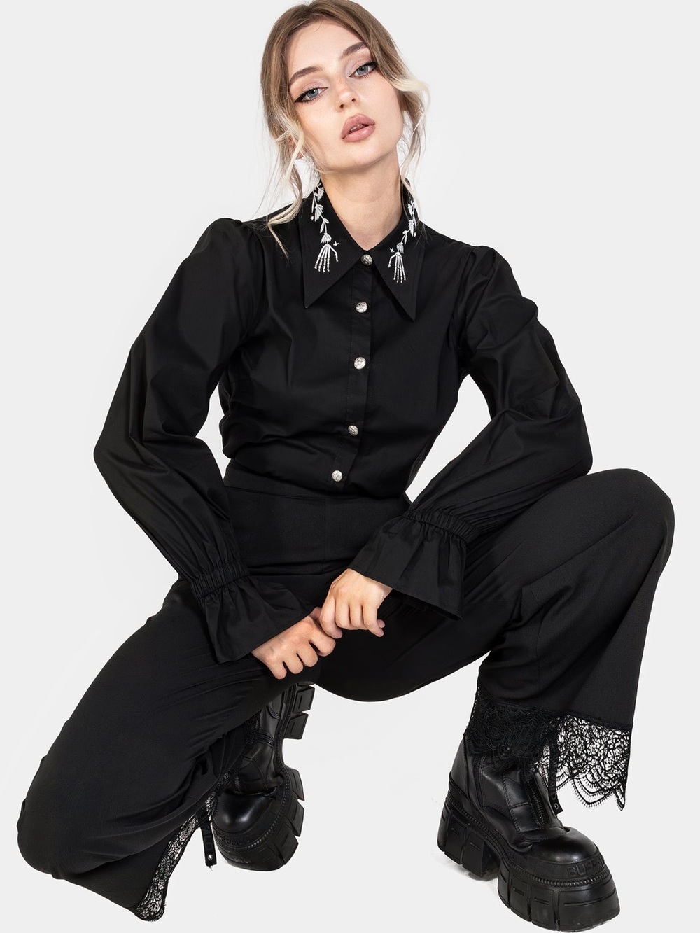 Disturbia Tempora Embroidered Button Up Shirt in Black US 4 / UK 8 - Picture 9 of 12